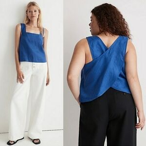 NWT MADEWELL Linen Sleeveless Crisscross Back Square Neck Cropped Tank Top 14